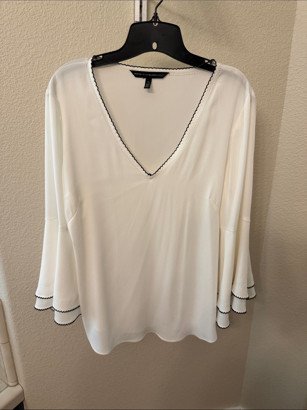White V-Neck Bell Sleeve Top with Contrast Trim